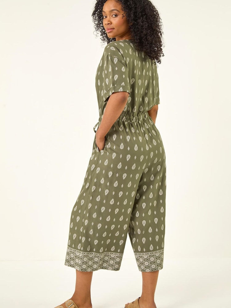 Roman Green Petite Border Print Cropped Jumpsuit - Image 2 of 5 Roman Green Petite Border Print Cropped Jumpsuit - Image 2 of 5