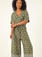 Roman Green Petite Border Print Cropped Jumpsuit - Image 3 of 5