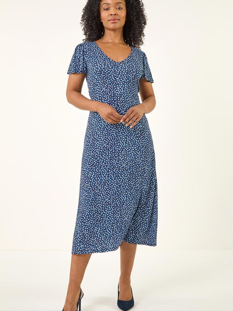 Roman Blue Petite V-Neck Midi Dress - Image 2 of 5 Roman Blue Petite V-Neck Midi Dress - Image 2 of 5