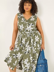 Roman Green Curve Floral Button Midi Dress - Image 1 of 5