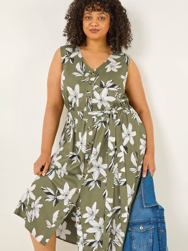 Roman Green Curve Floral Button Midi Dress - Image 1 of 5