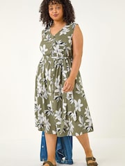 Roman Green Curve Floral Button Midi Dress - Image 2 of 5