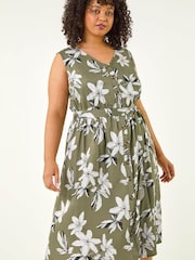 Roman Green Curve Floral Button Midi Dress - Image 4 of 5