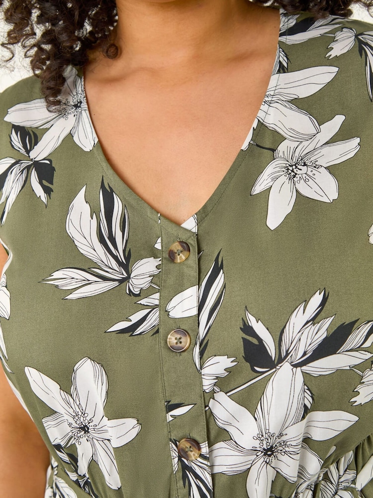 Roman Green Curve Floral Button Midi Dress - Image 5 of 5