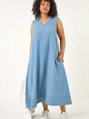 Roman Blue Curve V-Neck Swing Dress - Image 1 of 5