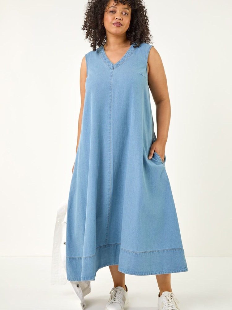 Roman Blue Curve V-Neck Swing Dress - Image 1 of 5 Roman Blue Curve V-Neck Swing Dress - Image 1 of 5