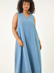 Roman Blue Curve V-Neck Swing Dress - Image 2 of 5