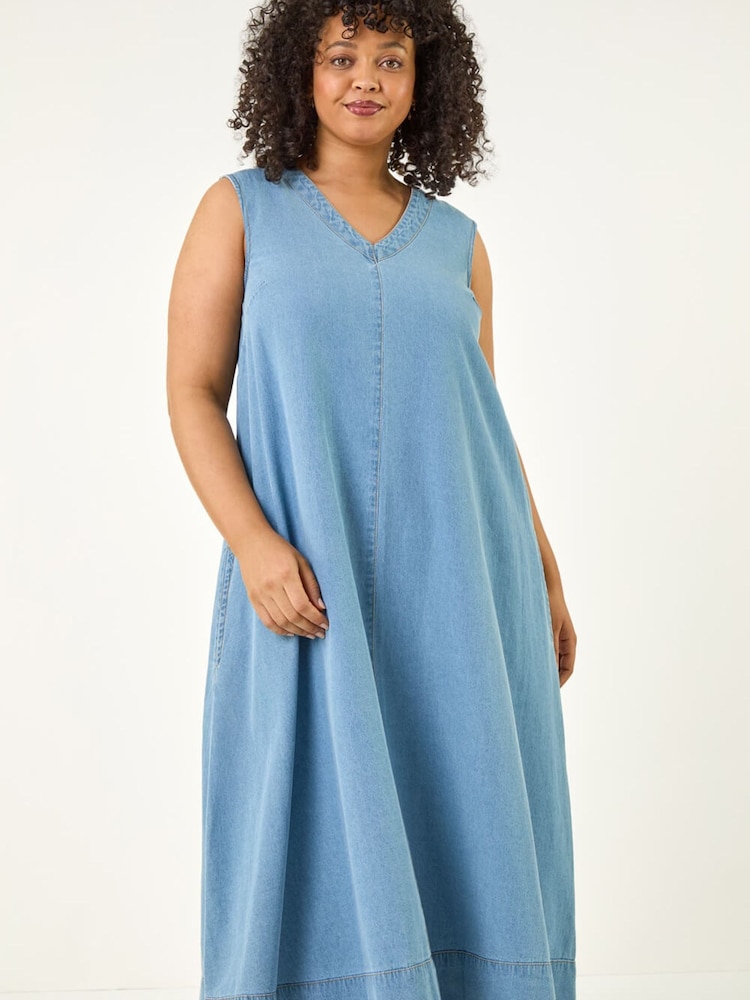 Roman Blue Curve V-Neck Swing Dress - Image 2 of 5 Roman Blue Curve V-Neck Swing Dress - Image 2 of 5