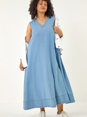 Roman Blue Curve V-Neck Swing Dress - Image 4 of 5