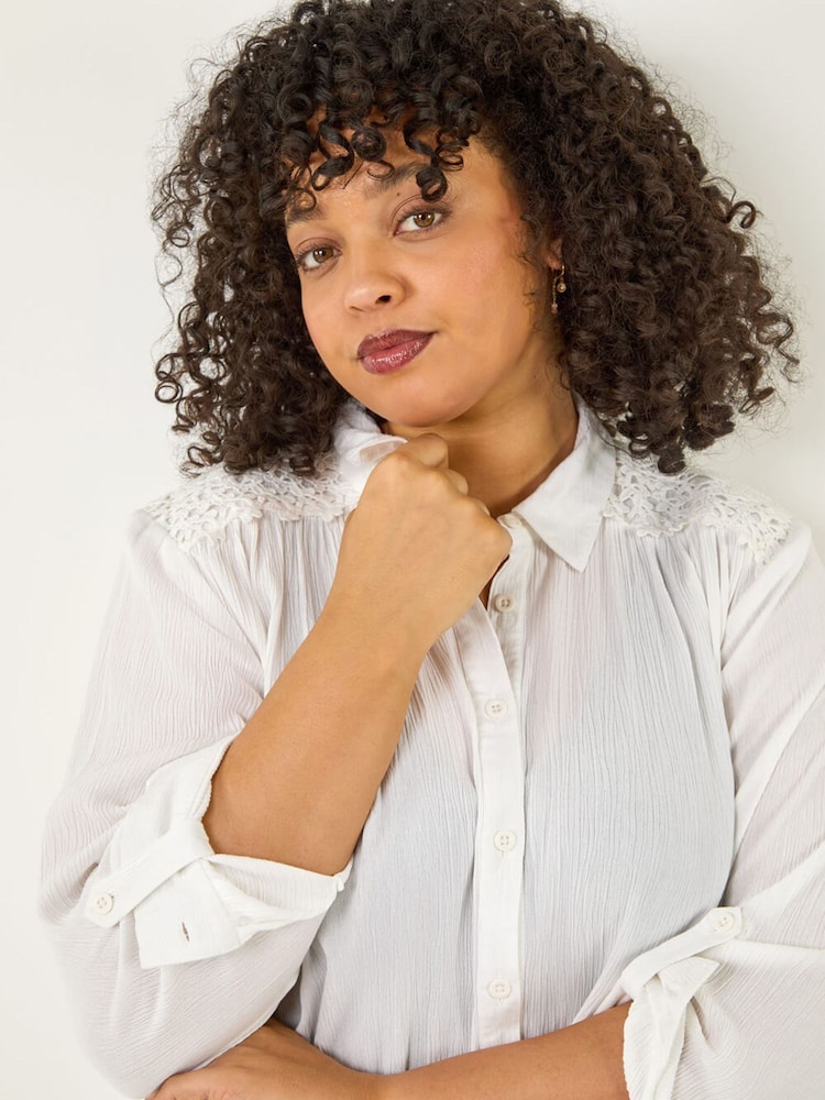 Roman White Curve Lace Detail Crinkle Blouse - Image 1 of 5