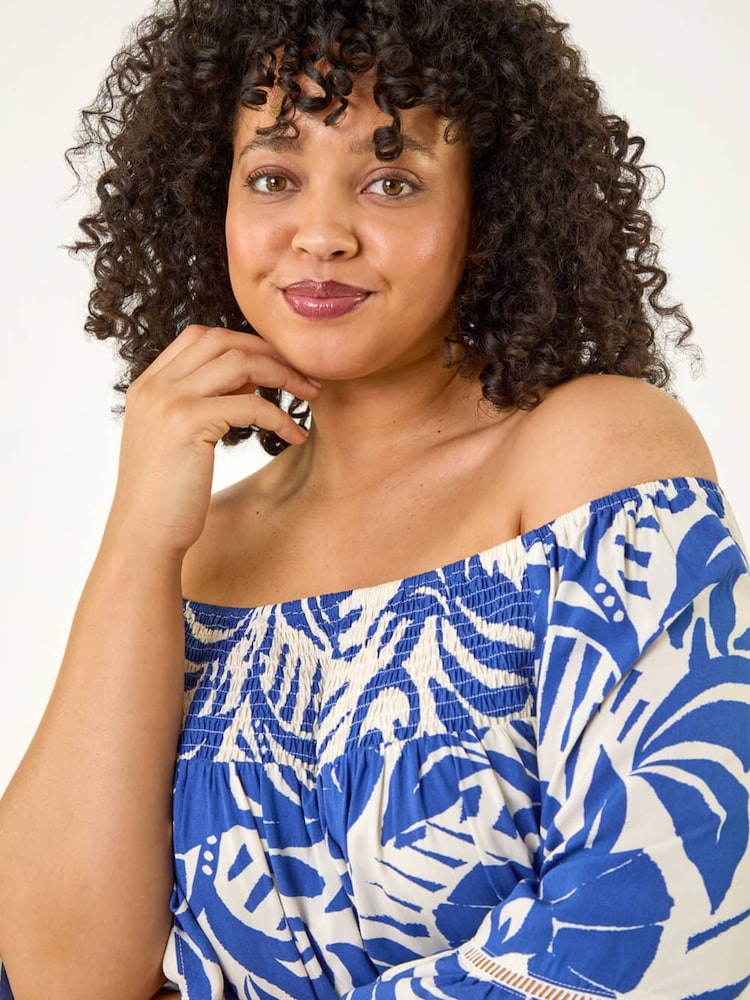 Roman Blue Curve Printed Bardot Top - Image 1 of 5