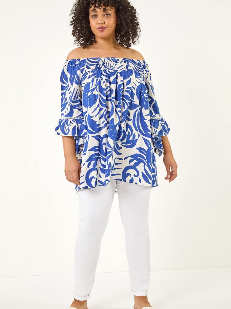 Roman Blue Curve Printed Bardot Top - Image 2 of 5