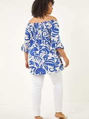 Roman Blue Curve Printed Bardot Top - Image 3 of 5
