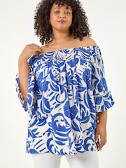 Roman Blue Curve Printed Bardot Top - Image 4 of 5
