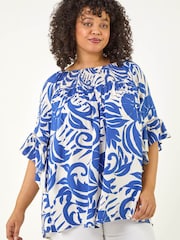 Roman Blue Curve Printed Bardot Top - Image 5 of 5