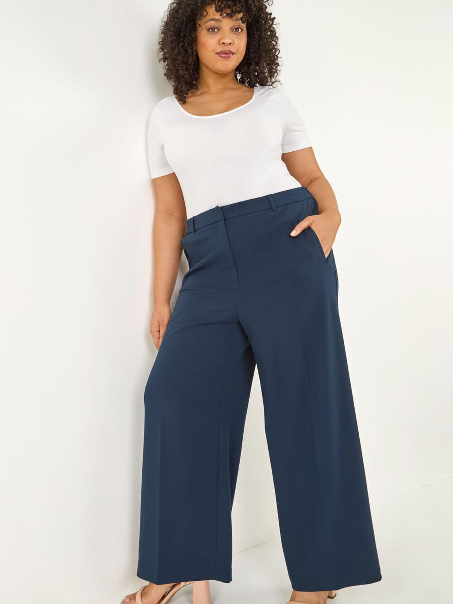 Roman Women's Blue Curve Tailored Wide Leg Stretch Trousers