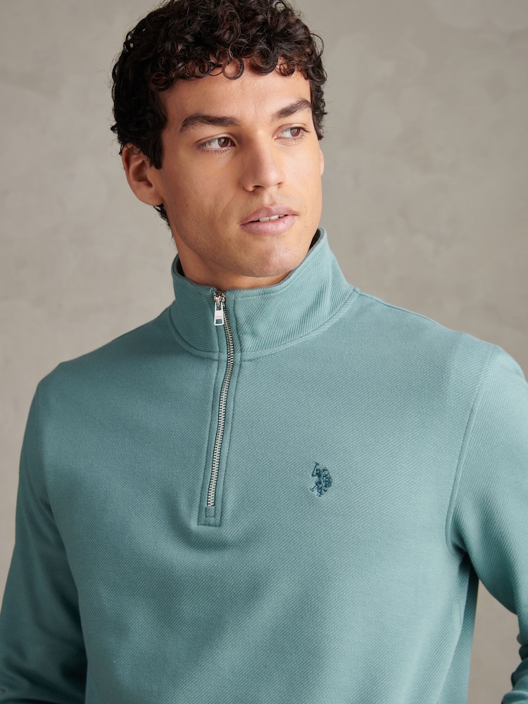 U.S. Polo Assn Blue Twill Textured 1/4 Zip Funnel Sweatshirt - Image 2 of 10