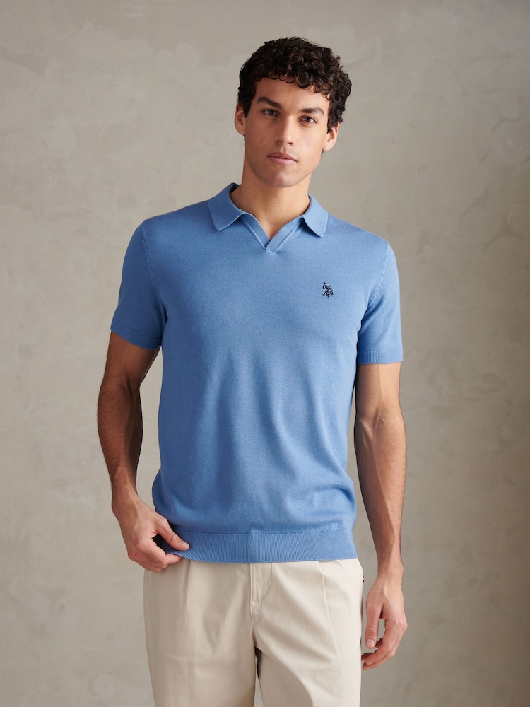 U.S. Polo Assn Blue Mini Vertical Texture Open Collar Polo Shirt - Image 1 of 8
