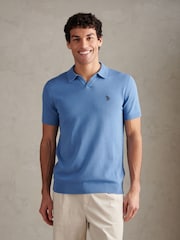 U.S. Polo Assn Blue Mini Vertical Texture Open Collar Polo Shirt - Image 3 of 8