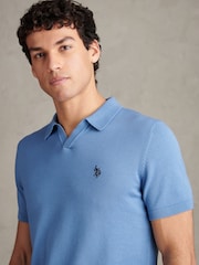 U.S. Polo Assn Blue Mini Vertical Texture Open Collar Polo Shirt - Image 5 of 8