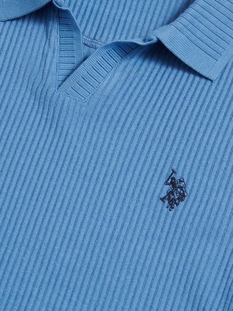 U.S. Polo Assn Blue Mini Vertical Texture Open Collar Polo Shirt - Image 8 of 8