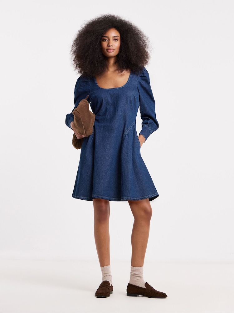 Simply Be Blue Puff Sleeve Denim Mini Dress - Image 1 of 4