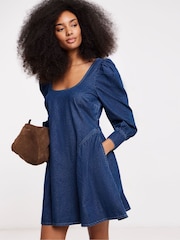 Simply Be Blue Puff Sleeve Denim Mini Dress - Image 3 of 4