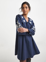 Simply Be Blue Cotton Poplin Embroidered Sleeve Collared Swing Dress - Image 1 of 4