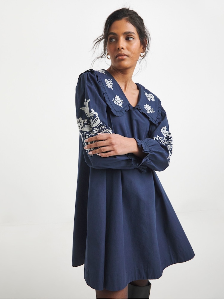 Simply Be Blue Cotton Poplin Embroidered Sleeve Collared Swing Dress - Image 1 of 4