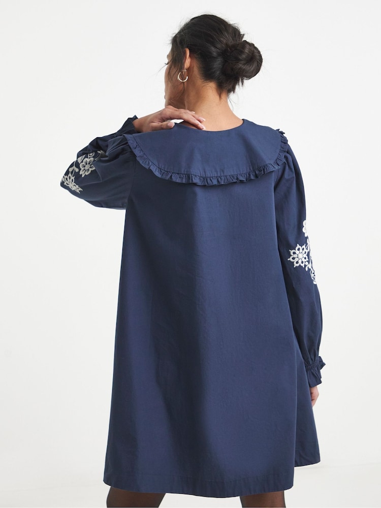 Simply Be Blue Cotton Poplin Embroidered Sleeve Collared Swing Dress - Image 2 of 4