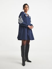 Simply Be Blue Cotton Poplin Embroidered Sleeve Collared Swing Dress - Image 3 of 4