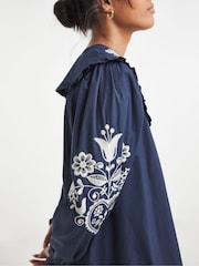 Simply Be Blue Cotton Poplin Embroidered Sleeve Collared Swing Dress - Image 4 of 4