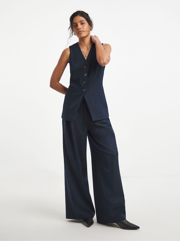 Simply Be Blue Chambray Look Tie Waist Wide Leg Trousers - Image 1 of 4