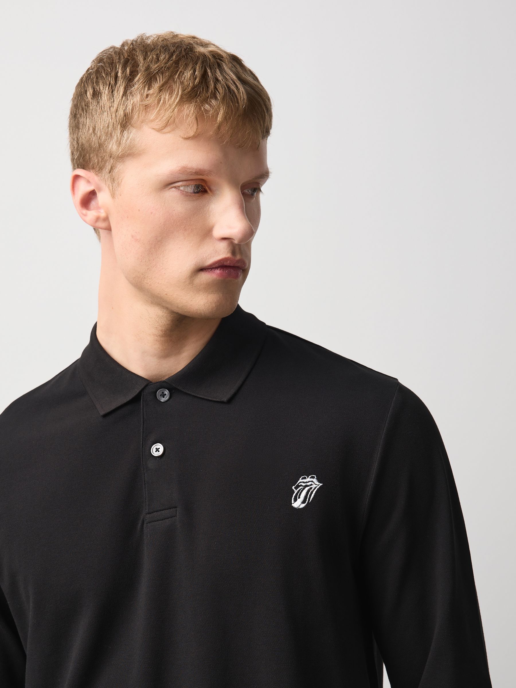 Black Official Rolling Stones Regular Fit Long Sleeve Pique Polo Shirt - Image 1 of 5