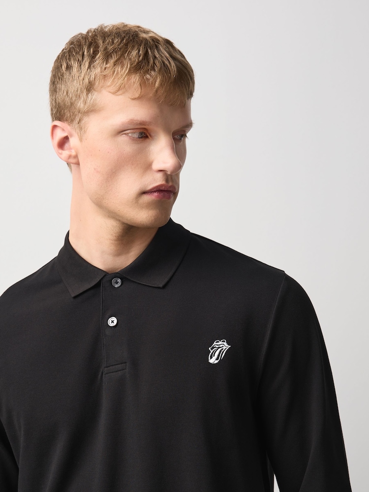 Black Official Rolling Stones Regular Fit Long Sleeve Pique Polo Shirt - Image 1 of 5 Black Official Rolling Stones Regular Fit Long Sleeve Pique Polo Shirt - Image 1 of 5