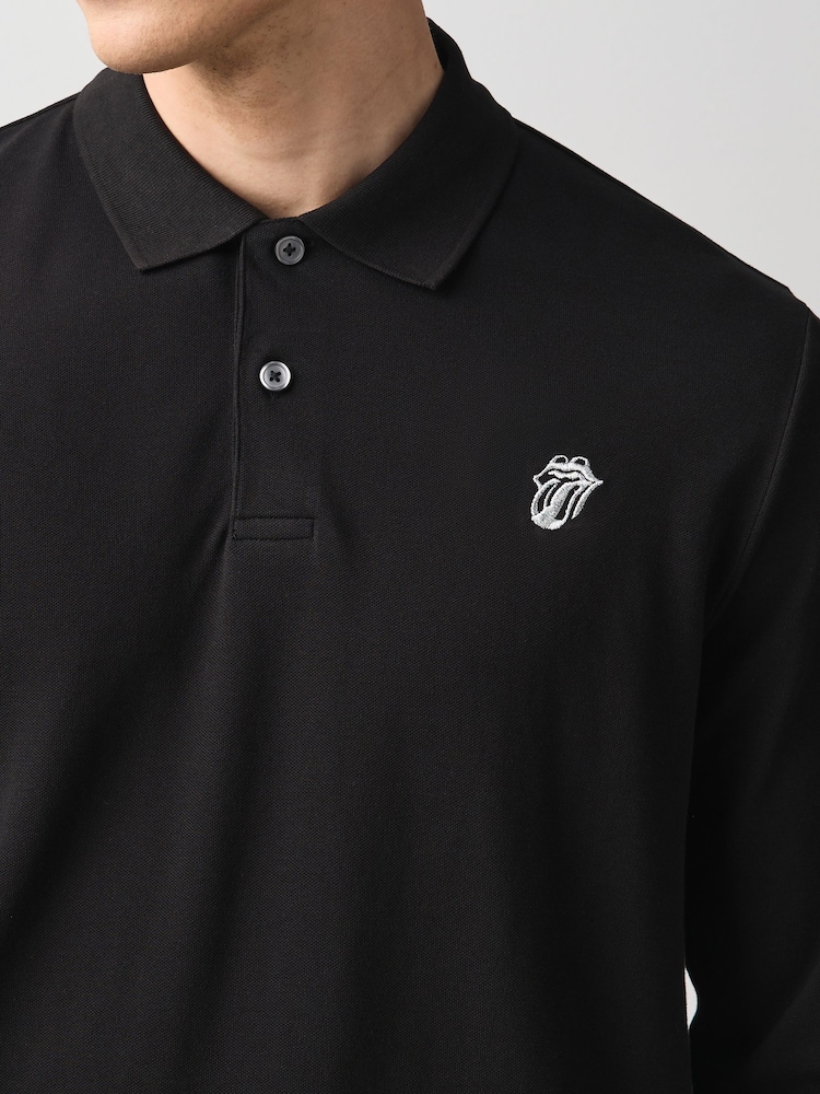 Black Official Rolling Stones Regular Fit Long Sleeve Pique Polo Shirt - Image 5 of 5 Black Official Rolling Stones Regular Fit Long Sleeve Pique Polo Shirt - Image 5 of 5