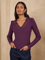 Love & Roses Burgundy Red Long Sleeve Lace V-Neck Ribbed Jersey Top - Image 1 of 4
