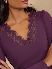 Love & Roses Burgundy Red Long Sleeve Lace V-Neck Ribbed Jersey Top - Image 2 of 4