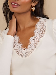 Love & Roses Ivory Long Sleeve Lace V-Neck Ribbed Jersey Top - Image 2 of 4