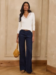 Love & Roses Ivory Long Sleeve Lace V-Neck Ribbed Jersey Top - Image 3 of 4