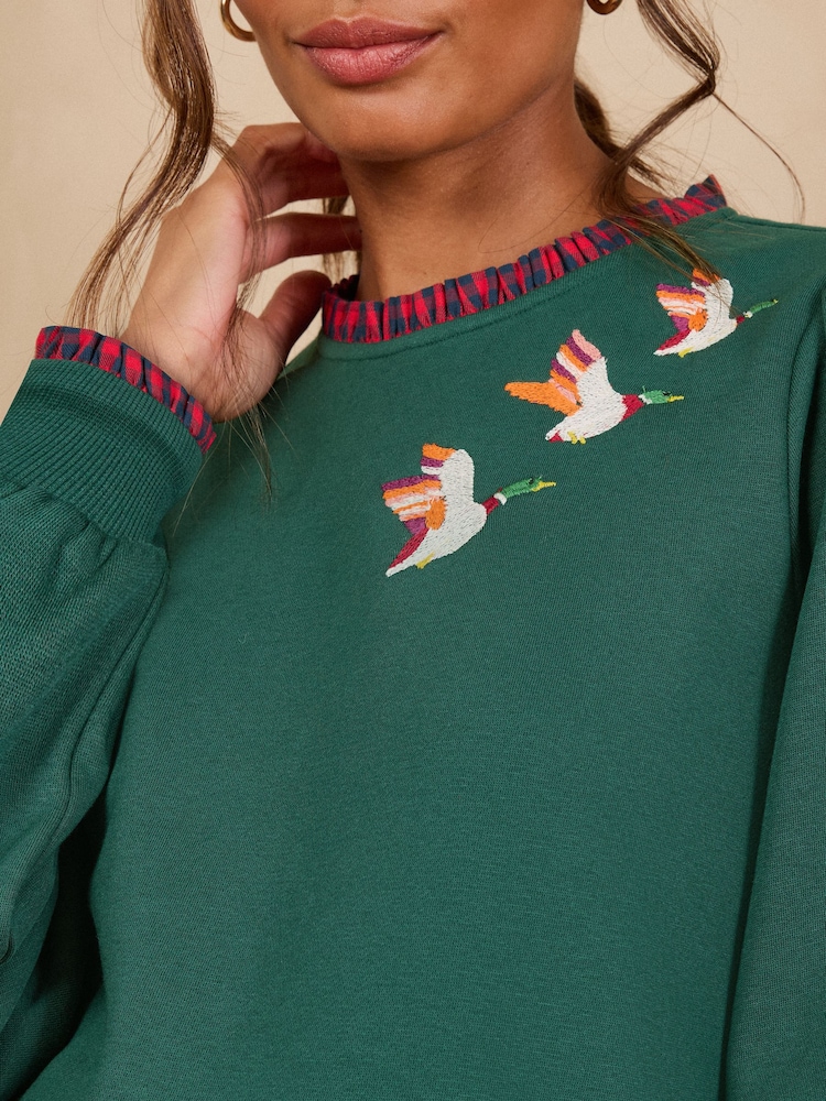 Love & Roses Dark Green Duck Embroidered Sweatshirt - Image 2 of 4