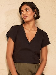 Love & Roses Black Lace Trim Flutter Sleeve V-Neck Top - Image 1 of 4
