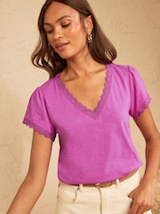 Love & Roses Purple Lace Trim Flutter Sleeve V-Neck Top - Image 1 of 4
