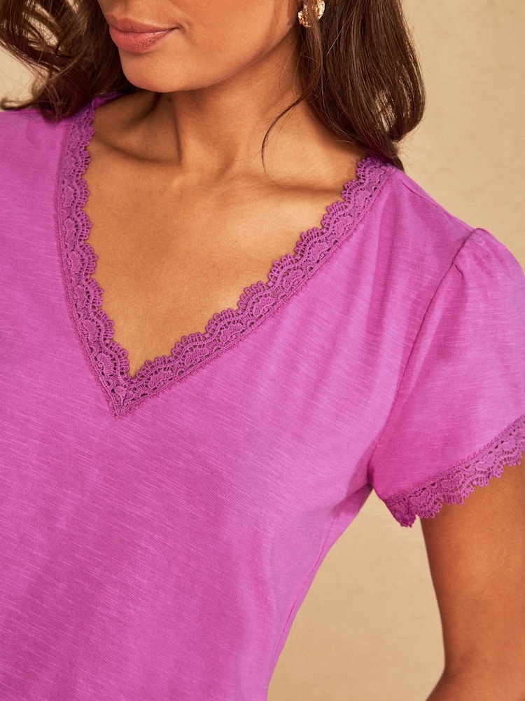 Love & Roses Purple Lace Trim Flutter Sleeve V-Neck Top - Image 2 of 4 Love & Roses Purple Lace Trim Flutter Sleeve V-Neck Top - Image 2 of 4