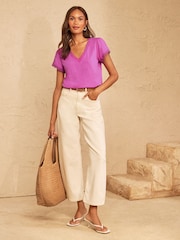 Love & Roses Purple Lace Trim Flutter Sleeve V-Neck Top - Image 3 of 4