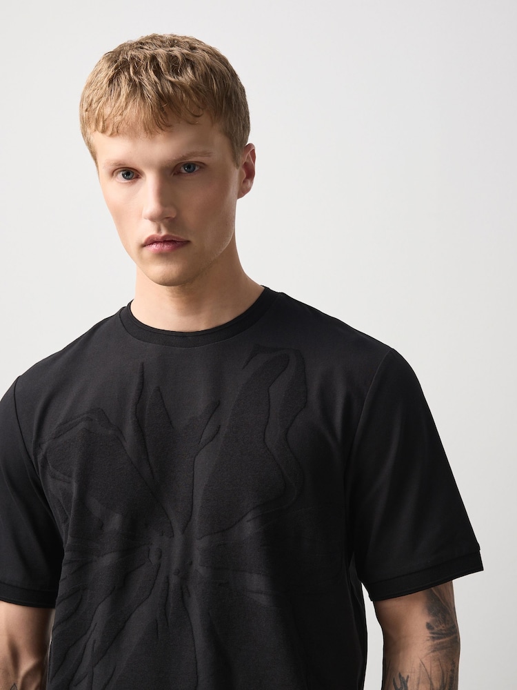 Black Floral Slim Fit Smart Textured T-Shirt - Image 1 of 7 Black Floral Slim Fit Smart Textured T-Shirt - Image 1 of 7