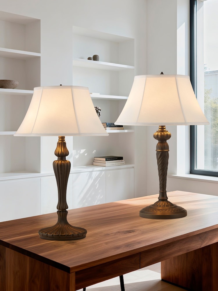 Searchlight Antique Bronze and Black Lens 1 Light Table Lamp with Linen Shade - Image 3 of 3 Searchlight Antique Bronze and Black Lens 1 Light Table Lamp with Linen Shade - Image 3 of 3