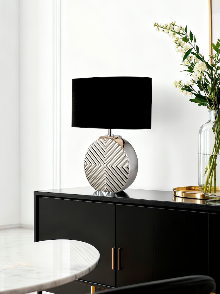 Searchlight Chrome and Black and Silver Reze Table Lamp Ceramic with Fabric Shade - Image 1 of 4