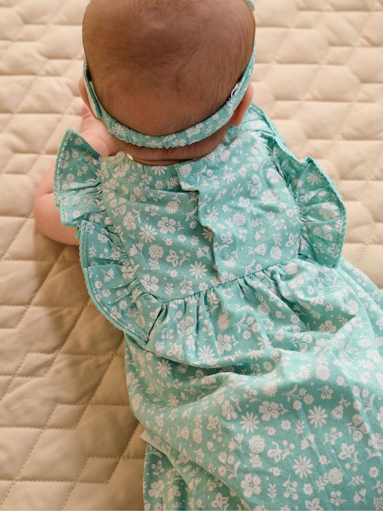 Purebaby Green Ruffle Floral Romper and Headband Set - Image 2 of 6 Purebaby Green Ruffle Floral Romper and Headband Set - Image 2 of 6