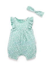 Purebaby Green Ruffle Floral Romper and Headband Set - Image 3 of 6